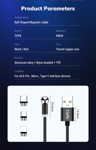 360 Degree Rotate Magnetic Cable USB Type C, microUSB, Lightning